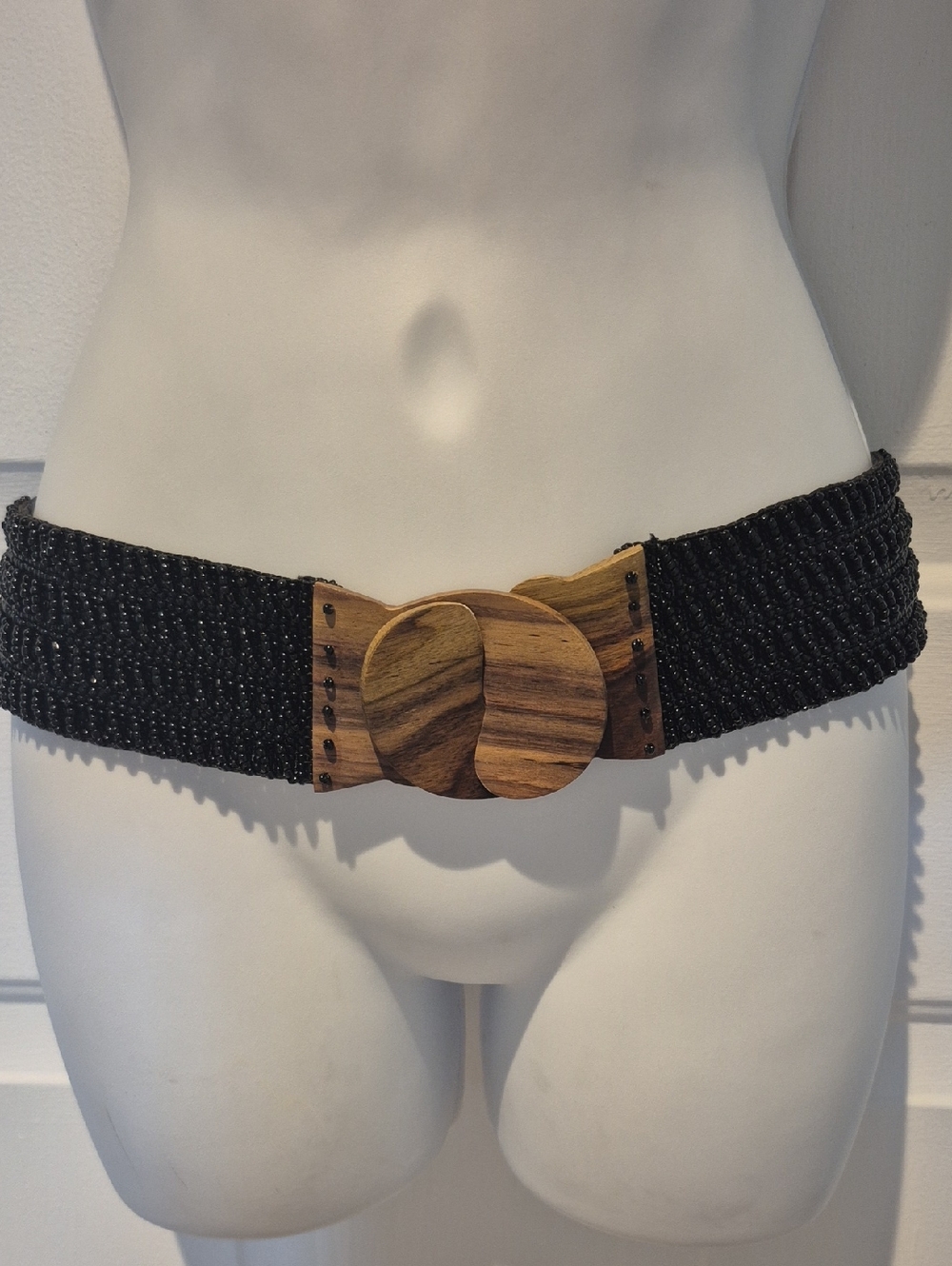 Vintage Anthropologie Black Glass Beaded Waist Belt with Wooden Buckle